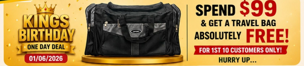 Kings Birthday Travel Bag sale spend 99 Get a Free Bag